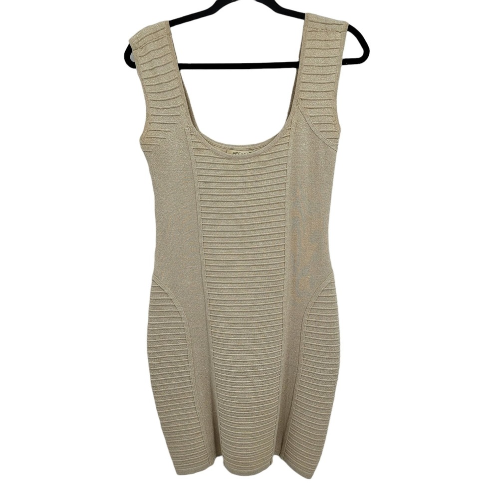 Vtg Y2K Gold Metallic Knit Bodycon Mini Dress Sz L Flecked Slimming Corset Panel